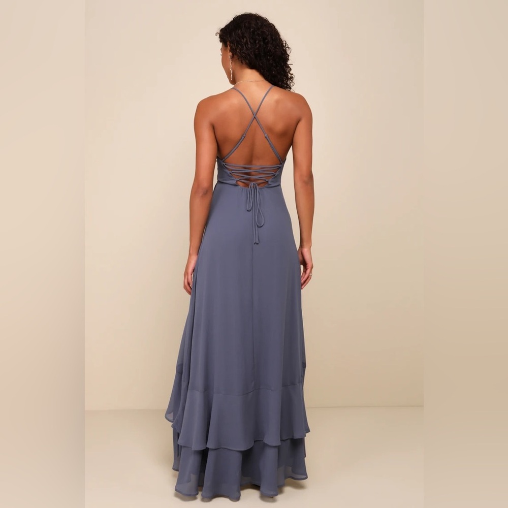 New Lulus In Love Forever Granite Blue Lace-Up High-Low Maxi Dress Size XL - Picture 3 of 4